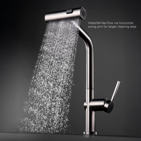 Waterfall-like flow via horizontal swing arm for larger cleaning area