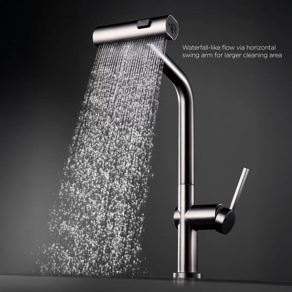 Waterfall-like flow via horizontal swing arm for larger cleaning area